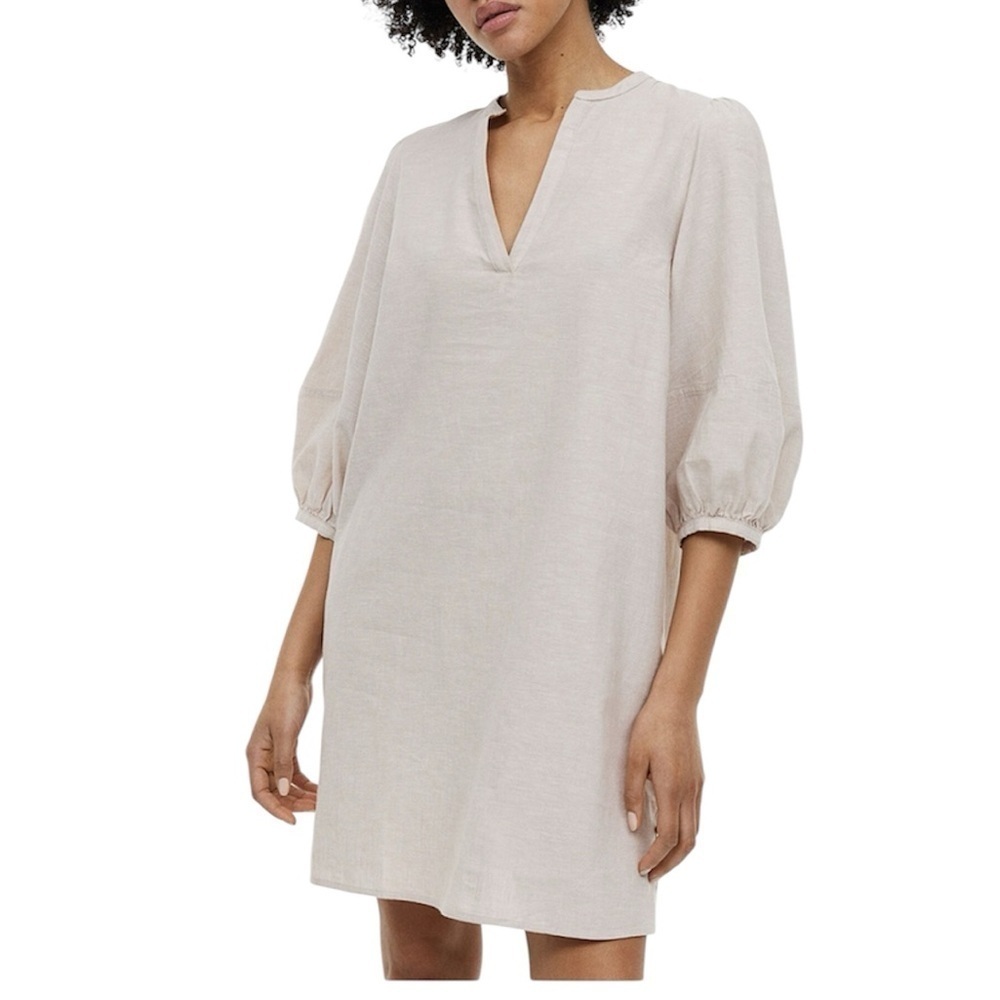 H&M Neutral Lagenlook Linen Blend Balloon Sleeve Tunic Top Dress Small Cream